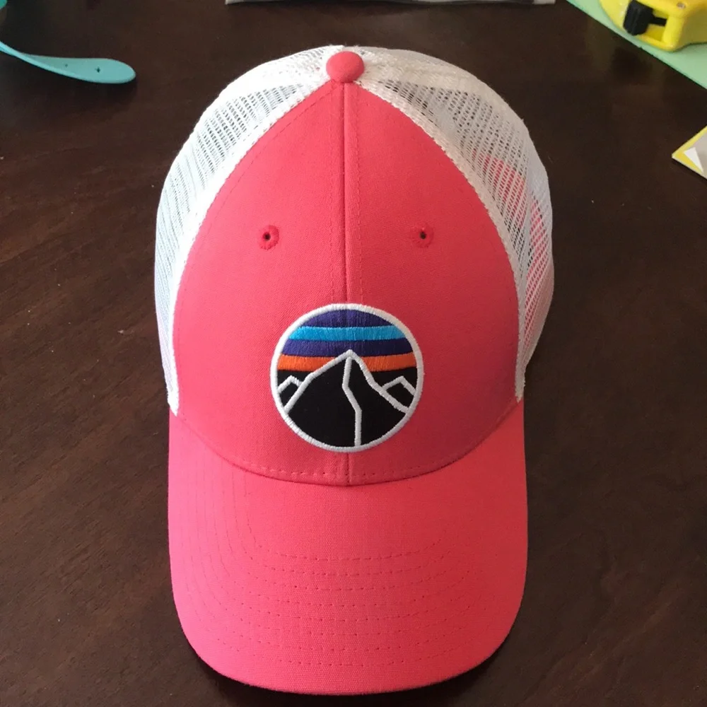 Patagonia Pink and White Mesh Trucker Hat with Mountain Patch